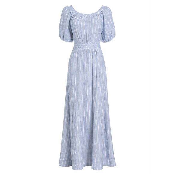 Calvin Klein Blue Stripe Maxi Dress Cotton Puff Sleeve Size 10 Cottagecore
